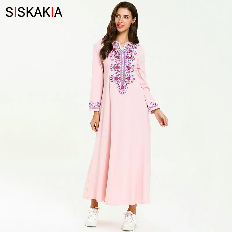Pink dress 1 Siskakia, Цветочная вышивка, этническое длинное платье, элегантное, длинный рукав, макси платья размера плюс, повседневная женская одежда, осень, новое красное - Цвет: Pink dress 1