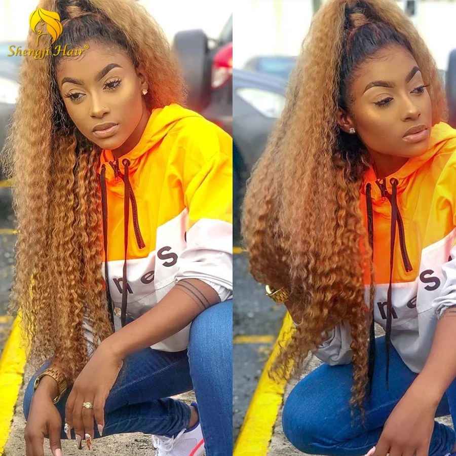 T1b/27 Ombre Lace Front Wig Pre Plucked Brazilian Curly Wig 13x6 Glueless Remy Lace Front Human Hair Wigs With Baby Hair Shengji