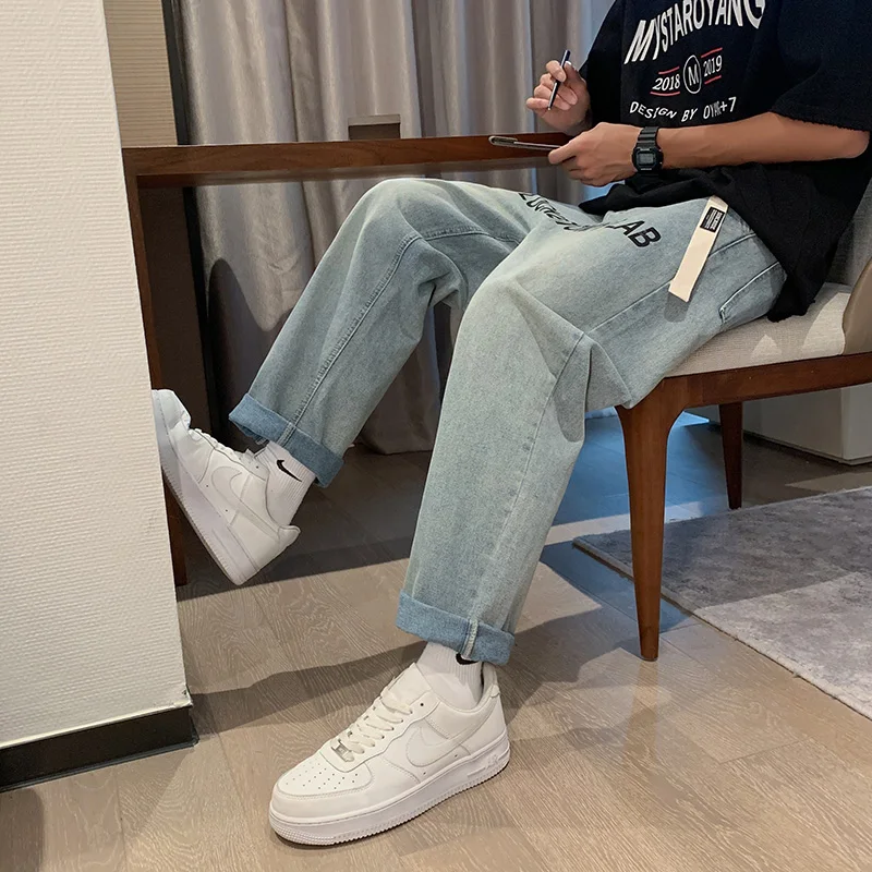 

2021 New Straight Jeans for Men Trendy Blue Washed Pants Letter printing Fashion Streetwear Male Loose Trousers Jeans Homme