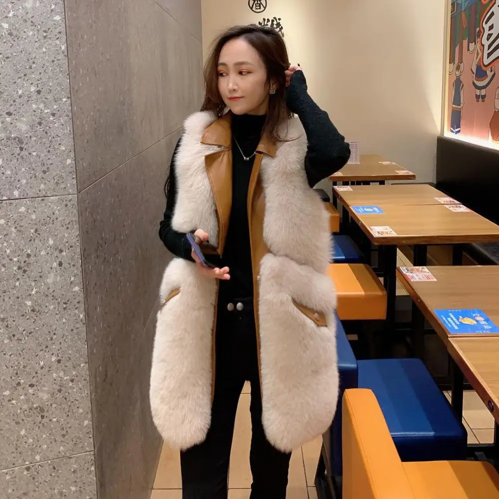 FURSARCAR 70cm Long Genuine Motorcycle Leather Vest For Women Real Natrual Fox Fur Waistcoat Feamle Winter Sheep Skin Fur Gilet
