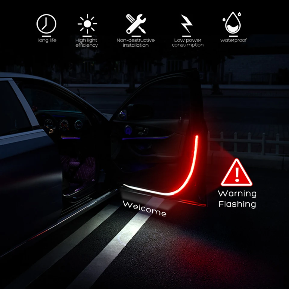 Купи Car Door Decoration Light Strips Strobe LED Opening Warning Waterproof Signal Interior Strobe Flashing Lights Car Accessories за 420 рублей в магазине AliExpress