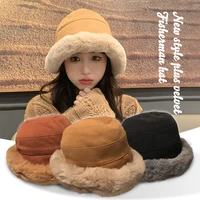 korean style thickened plus velvet bucket hat imitation lamb velvet fur bucket hat women winter warm panama plush basin hat
