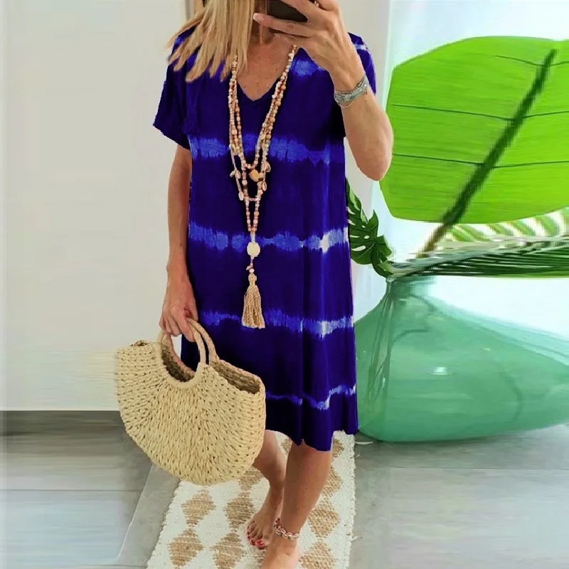 Женское платье в полоску с V-образным вырезом и коротким рукавом принтом тай-Дай