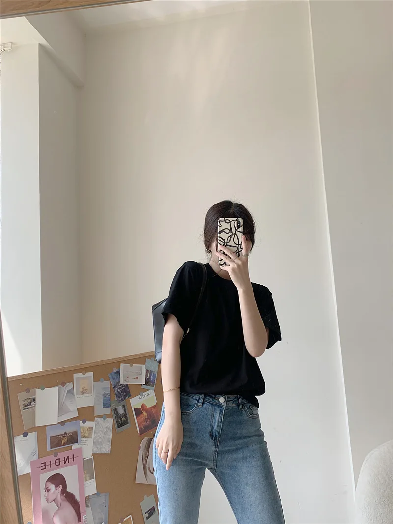 

Summer New Style Short-Sleeved Pure Cotton T-Shirt Women's Summer Solid Color Inner Bottoming Shirt Wild Candy Color Large Size