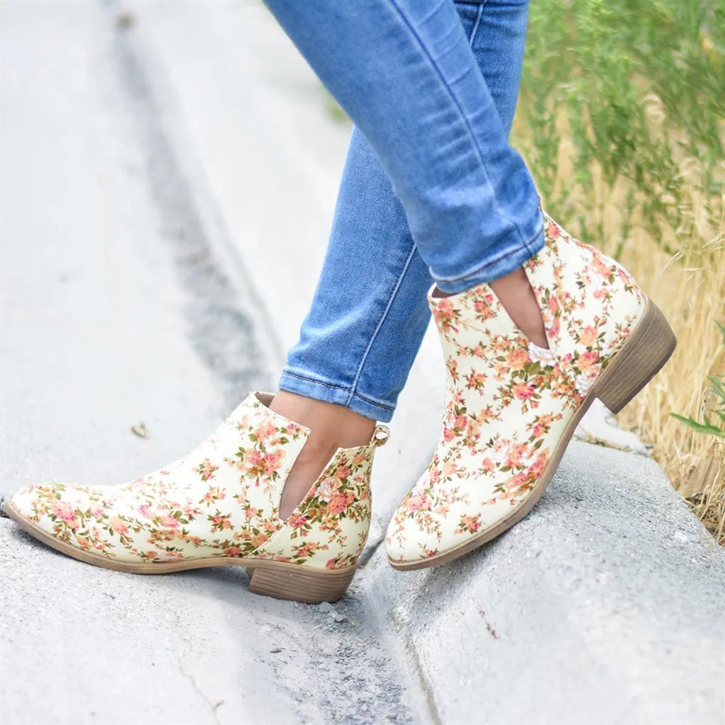 

2019 Chic Summer Women Shoes Floral Print Ankle Boots Female Block V Character Casual Botas Mujer Booties Feminina Plus Size 43