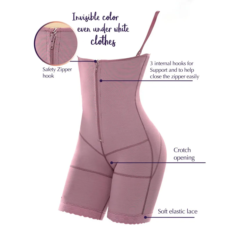 Flatten Abdomen Shaper Butt Lifter With Zipper Fajas Chest Support Postpartum High Compression Mid-Thigh Full Body Shaper