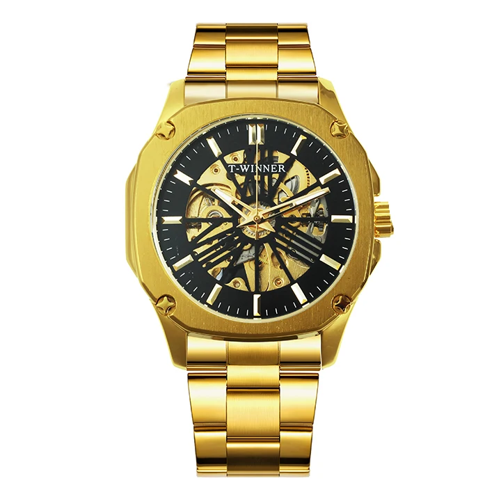 GOLD BLACK WINNER официальный розовое золото автоматические механические мужские часы лучший бренд класса люкс Скелет квадратный циферблат Винтаж Бизнес наручные часы - Цвет: GOLD BLACK