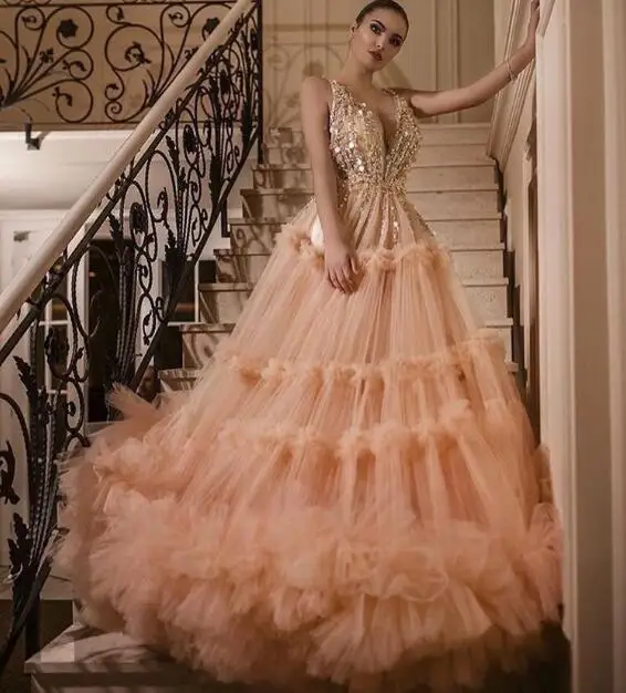 Luxury Champagne Ball Gown Prom Dresses Plunging V neck Beaded Spaghetti Straps Cascading Ruffles Dress P2272