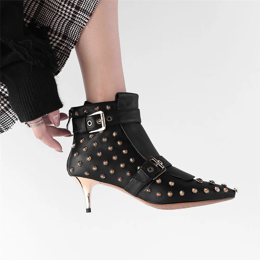 

Drestrive Women Ankle Boots Cow Leather Thin Heels Rivet Buckle Zipper Female Winter Shoes Genuine Leather Spring Pointed Toe