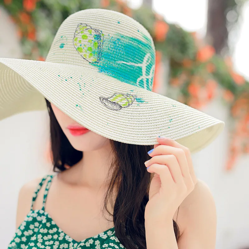 Женская соломенная шляпа с рисунком граффити раскрашенная вручную в виде