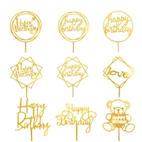 1pc acrylic cake topper gold cake flag dessert decoration happy birthday party cupcake toppers for birthday gifts wedding