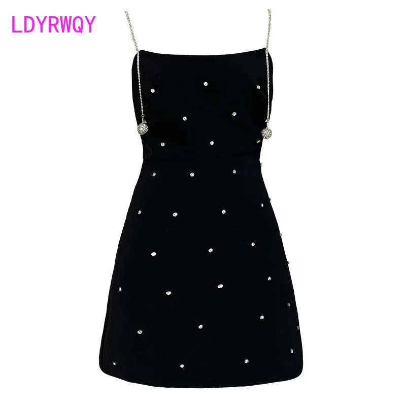 

LDYRWQY 2021 Korean black temperament retro high-waist slim-fit diamond-studded sling fashion sexy dress Polyester