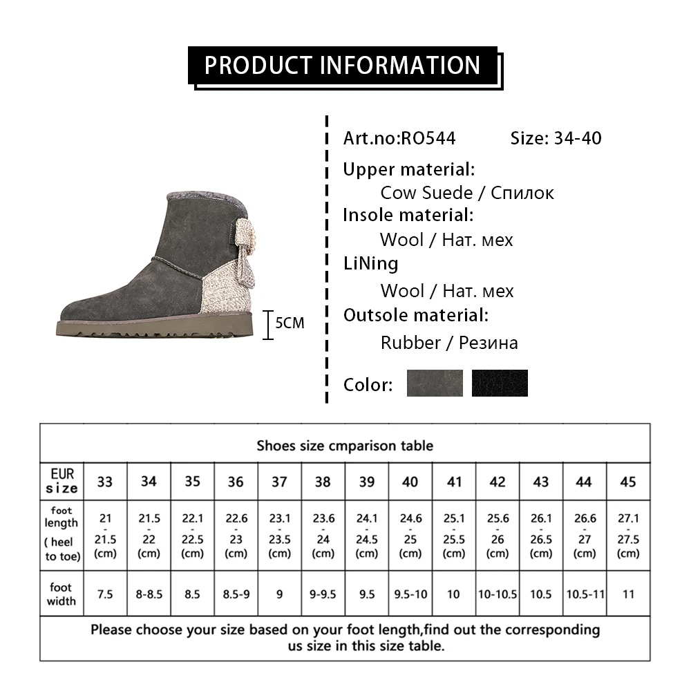 

RJN New Cow Suede Snow Boots Fashion Round Toe Sweet Bowknot Flat with Slip-On Women's Shoes Winter Warm Wool Ankle Boots RO544