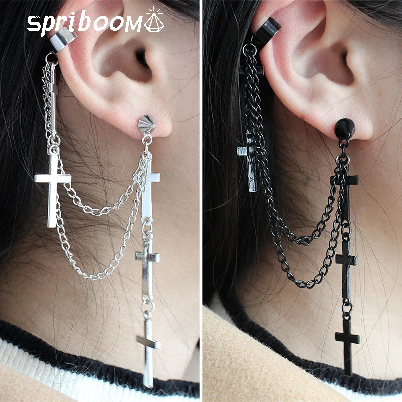 

1Pc Punk Gothic Cross Ear Cuffs for Women Cool Chain Tassel Stud Earrings Silver Black Chains Pendant Clip Earring Jewelry Gifts