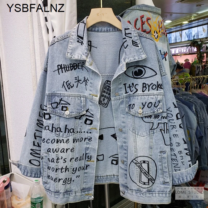 

Jeans Jackets Womens Streetwear Fashion Graffiti Embroidery Denim Clothes Pocket Lapel Loose Jeans Coats Female Harajuku 2021
