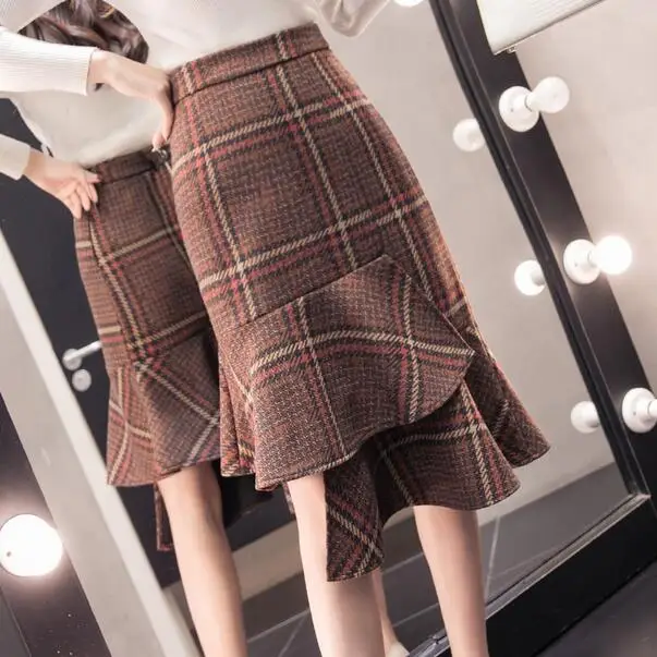 Новая Осенняя Женская Офисная шерстяная юбка клетчатая миди с рыбим хвостом