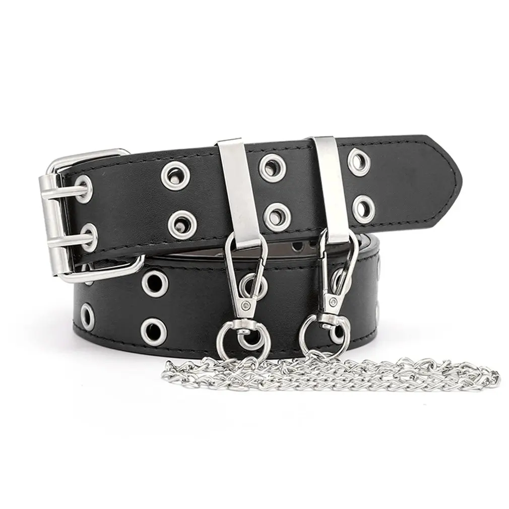 

Vintage Women Punk Chain Belt Black Double Single Eyelet Grommet Leather Buckle Belt Female Ladies Waist Jeans Belts
