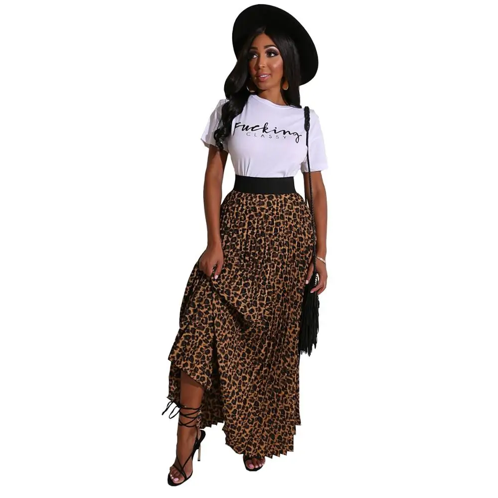 

European and American new fashion women suit leopard print printed round neck short sleeve T-shirt skirt elegant suit