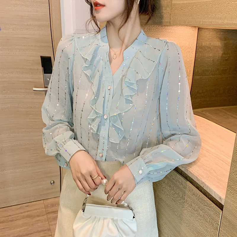 

Long Sleeve Shirt Stand Collar Ruffle Classic Loose Women's 2021 New Daily All-match Casual Vintage Fashion Shirt Top Shirt
