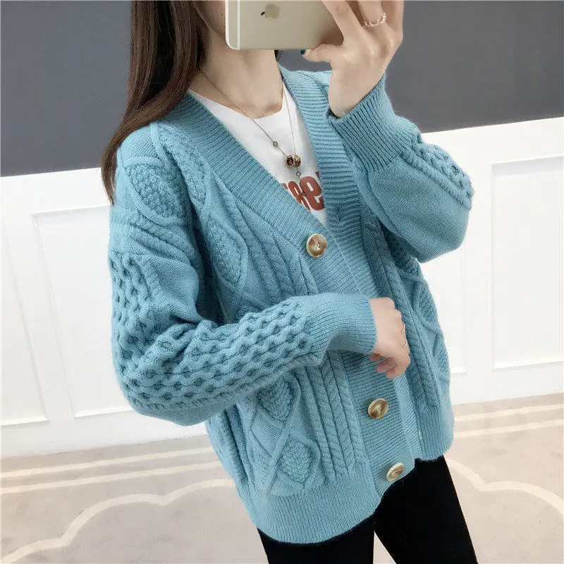 

Вязаный кардиган, женская одежда, высококачественный Повседневный Новый стиль, пальто на осень и зиму, свободный розовый вязаный кардиган, ...