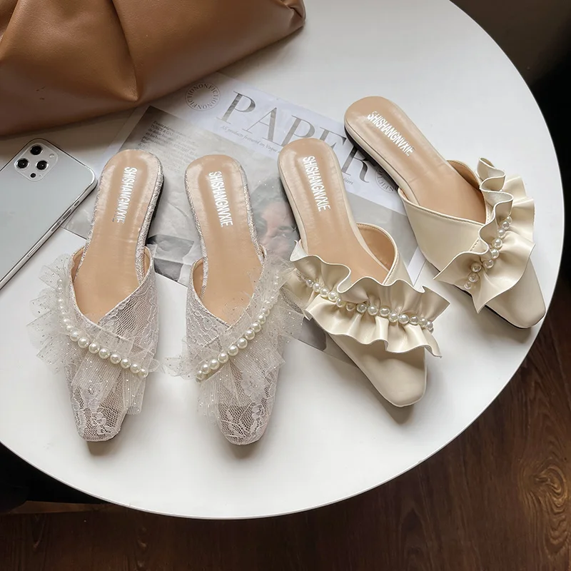 

Female Shoes Mules For Women 2021 Ladies' Slippers Luxury Slides Cover Toe String Bead New Designer Flat Soft Basic PU Flat Shoe
