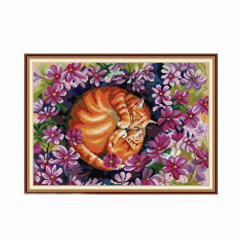 

Joy Sunday Набор для вышивки крестиком с изображением кота в цветочек 14CT 11CT Набор для вышивки крестиком ручной работы