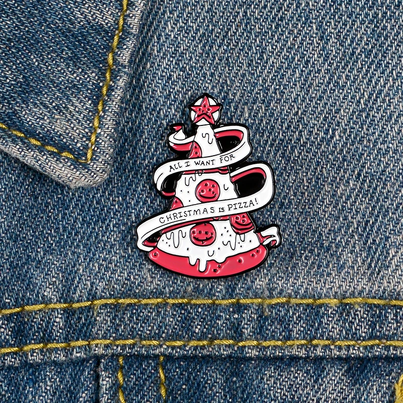 Christmas Tree Pizza Pin &quot All I Want For Is Banner Brooch Funny Custom Enamel Badge Lapel Pins Xmas Jewelry | Украшения и