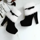 Рождественские Зимние теплые мягкие замшевые ботинки на высоком каблуке, водонепроницаемые ботинки на платформе, пушистые ботинки на молнии, женские короткие ботинки