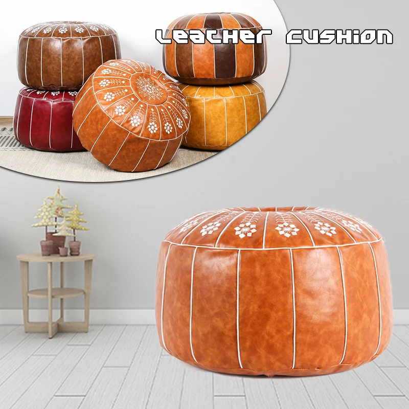 Nordic Style Moroccan Artificial Leather Pouf Craft Mandala Embroidery Ottoman Footstool Round Unstuffed Cushion Pillow | Дом и сад