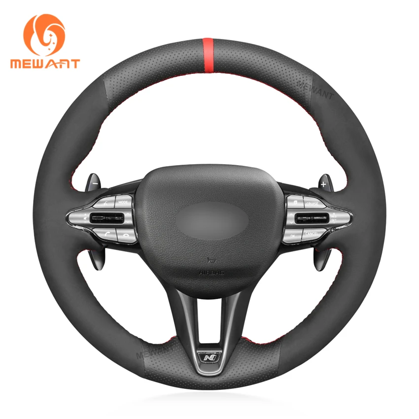 MEWANT Black Suede Genuine Leather Car Steering Wheel Covers for Hyundai Veloster N 2019-2021 i30 N 2018-2020