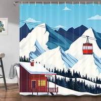 Winter Skiing Shower Curtain Set  Modern Ski Station Snow Mountain Pine Tree Forest Bath Curtains  Blue Christmas Bathroom Decor