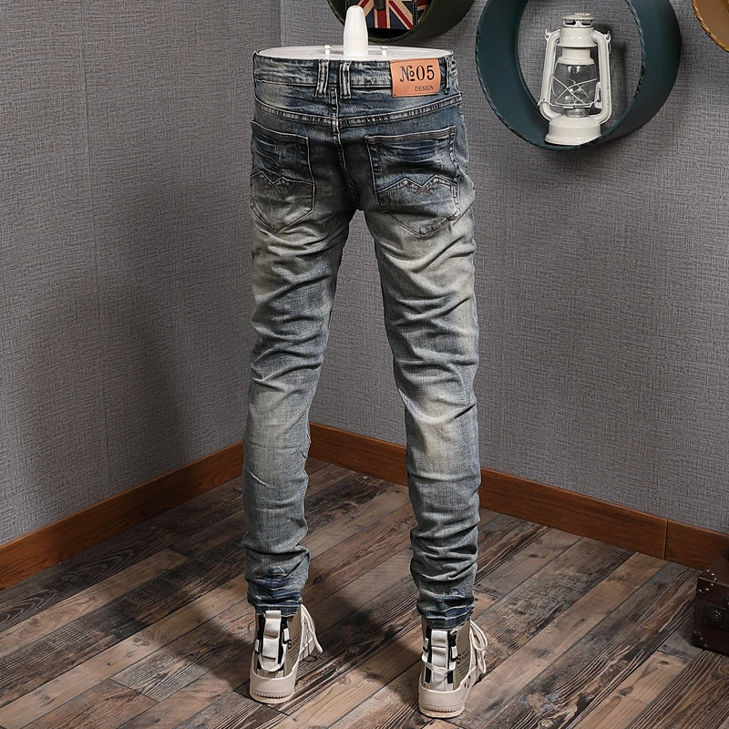 European American Vintage Fashion Men Retro Yellow Distressed Wash Ripped Jeans Men Designer Slim Fit Casual Cotton Denim Pants