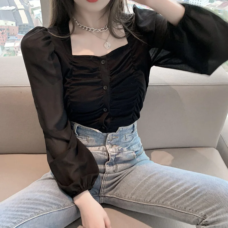 

White Shirt Women's Design Sense Niche 2021 New Western Retro Hong Kong French Style Square Collar Puff Sleeve Top