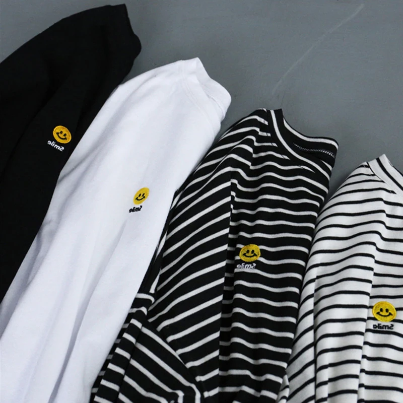 

Женская футболка с длинными рукавами, свободная мягкая полосатая футболка с вышивкой в Корейском стиле, Kawaii, Повседневная футболка