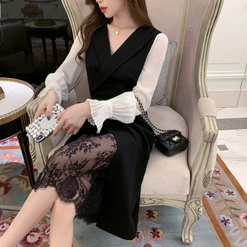 

Korean Edition 2020 Spring High-end Women's Dress Fashion New Pattern V Collar Long Sleeves Chiffon Splicing Dress Lace Dress