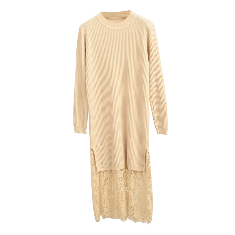 BACKFLY Women Knitted Dresses Lace Stitching Sweater Straight Dress female Autumn Winter Long Lady Ribbed Robe Pullover dresses |