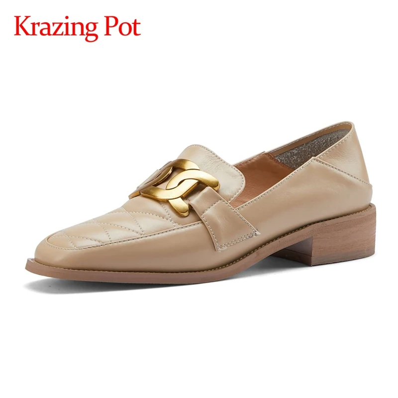 

Krazing Pot real leather square toe med heel brand shoes handmade high quality metal decoration preppy style women pumps L3f4