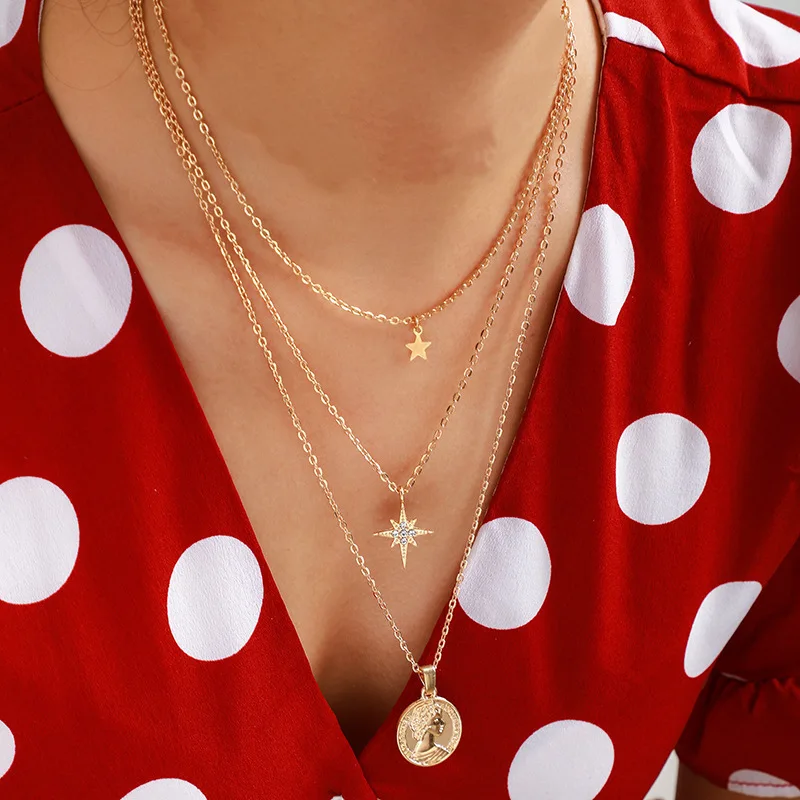 

Krasivaya Valentine's Day Star 3 Layer Round Coin Clavicle Chain Neckalce For Lover Fashion Jewelry Gift