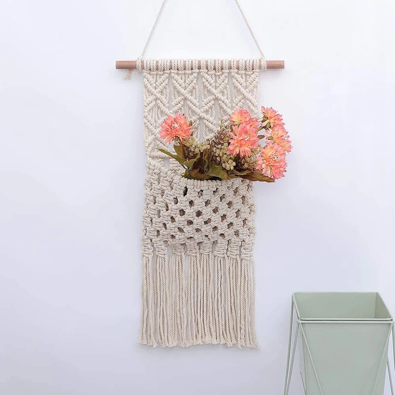 

2Pcs Cotton Woven Tapestry Macrame Magazine Holder Key Organizer Hanging Flowers Storage Boho Wall Decor 11x19.6Inch