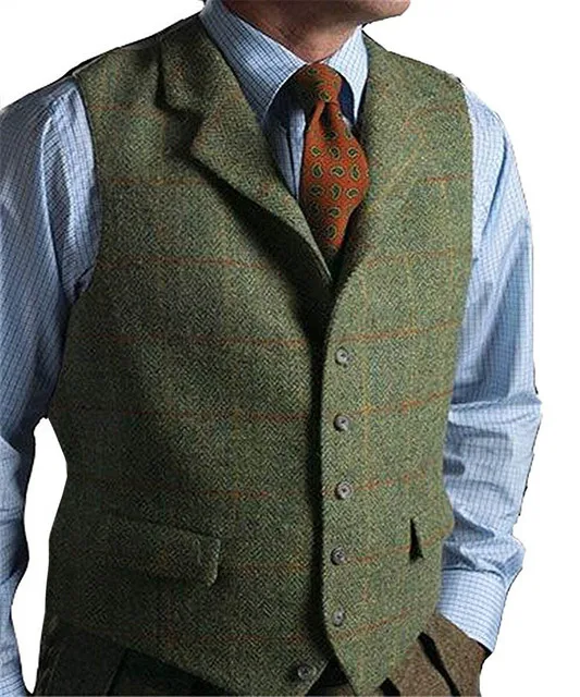 

Men's Vest Green Lapel Plaid Herringbone Tweed Wool Loose Waistcoat Slim Fit Suit Vest Tweed Tuxedo Vest For Wedding 2021