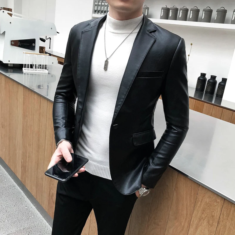 

2021 Brand clothing Fashion Male High quality slim fit Casual leather jacket/Men's retro style leather suit/Blazers Cats S-4XL