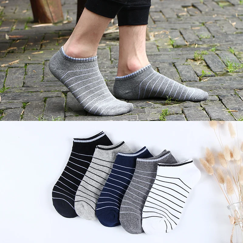

Men's striped cotton socks, fashion socks, low cut, high tide flow, no sample, 5 pairs