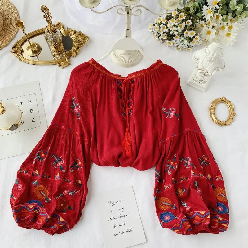MUMUZI Holiday national wind shirt female 2020 new spring embroidery tops tie bow V-neck Lantern sleeve retro blouse fashion