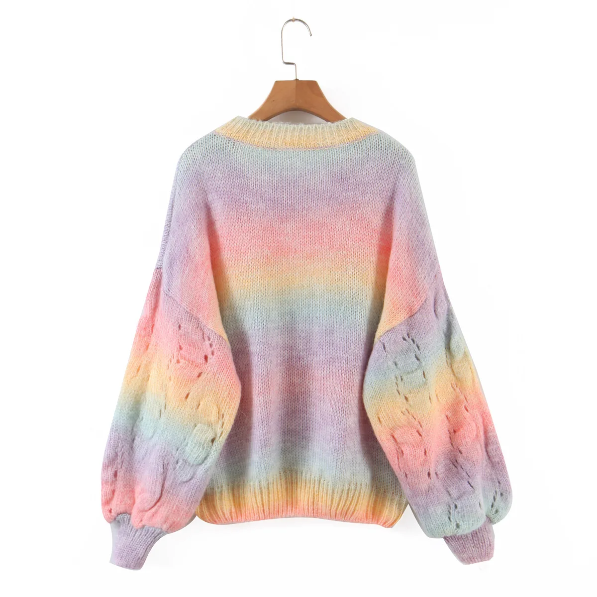 

2020 Autumn and Winter Casual Round Neck Gradient Rainbow Hollow Sweater Women