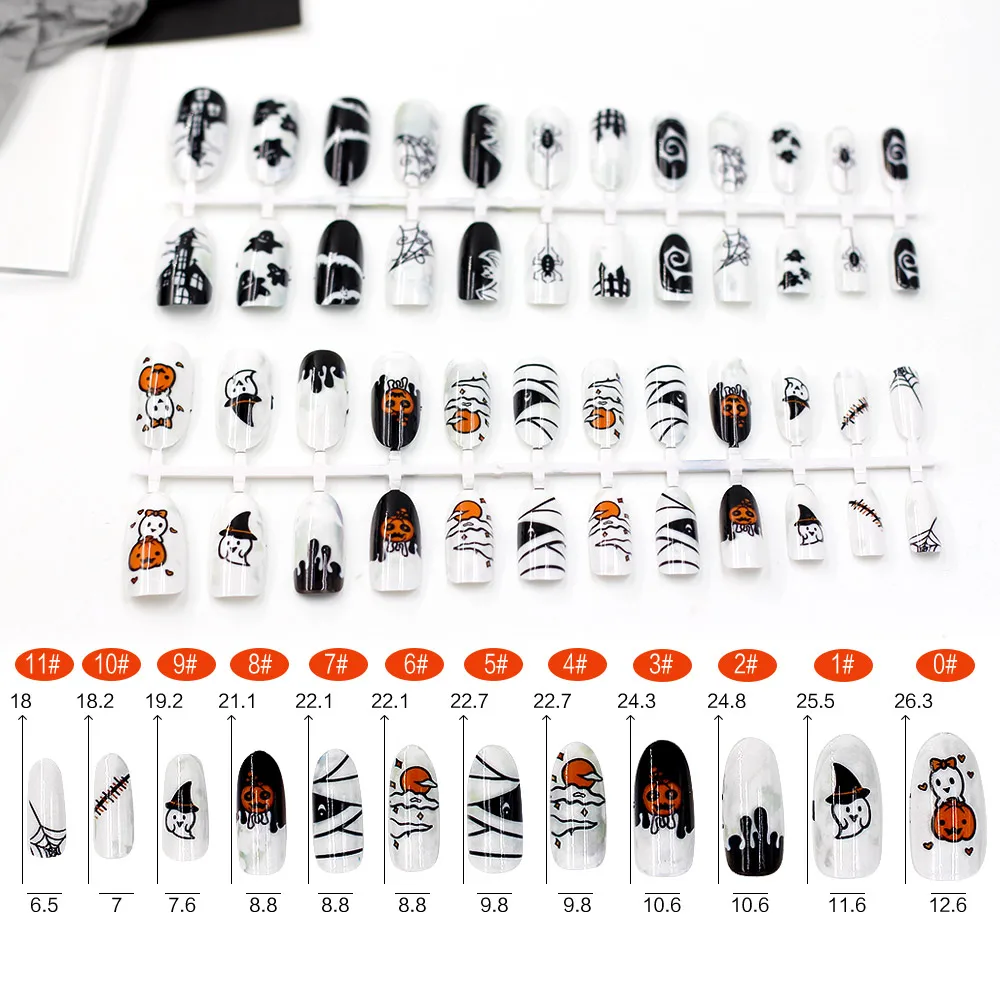 

240pcs/box Long Acrylic Artificial Nails Black Witch Halloween Decoration Designed Nail Curved Long Manicure Tips