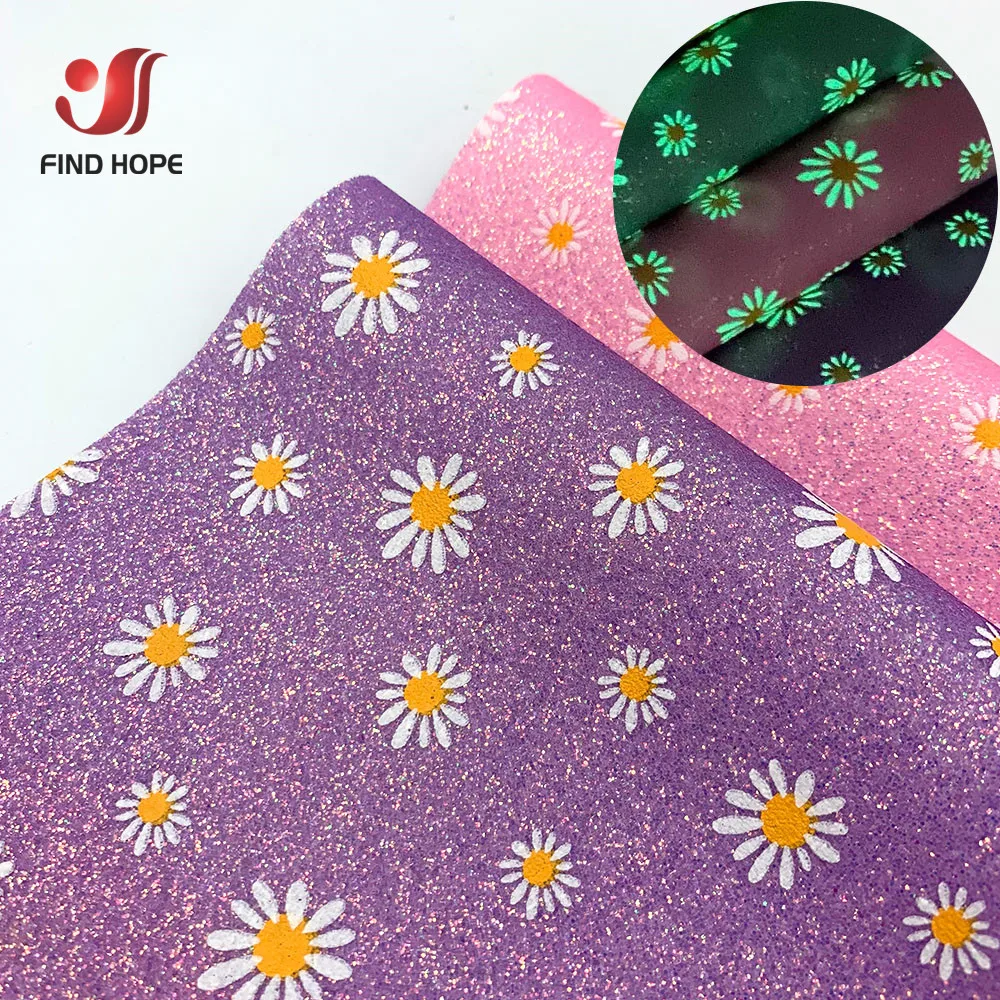Glow in the dark Daisy Floral Printed Fine Glitter Leatherette Fabric Faux Synthetic Leather Handmade Hair Bow Accessory Decor