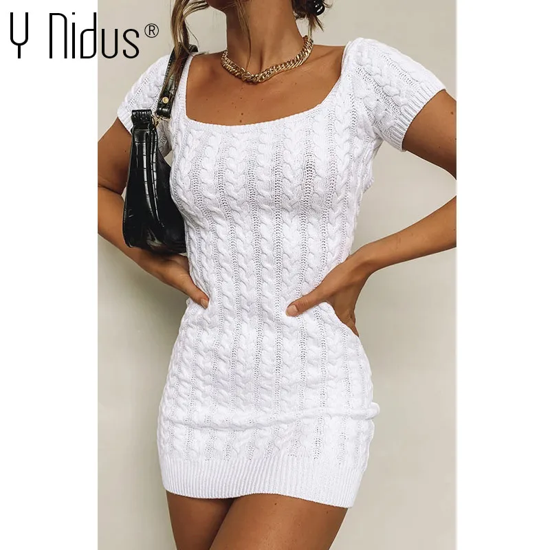 

Women's Sexy Backless Dresses 2021 Summer Square Collar Mini Dress Sheath Tie Sundress Bodycon Short Sleeve Knit Dress Vestidos