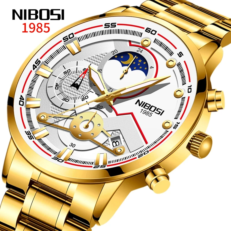 NIBOSI New Fashion Mens Watches Gold Stainless Steel Top Brand Luxury Sports Chronograph Quartz Male Clock Relogio Masculino