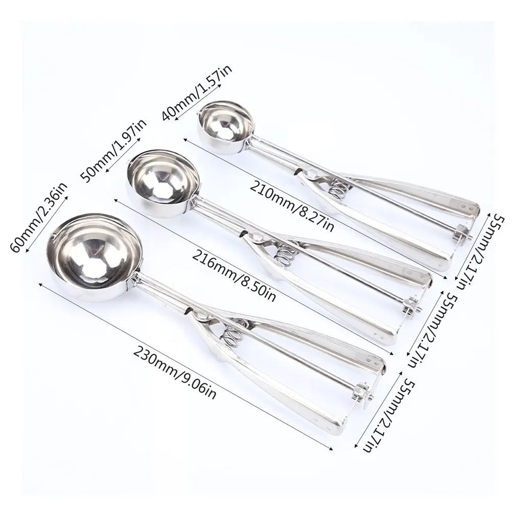 

3pcs/set 3 Size Stainless Steel Ice Cream Scoop Stack Spoon With Trigger Cookie Spoons Handle Fruit Baller Kitchen Tools Set