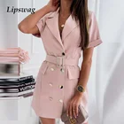 Женское офисное однотонное мини-платье с коротким рукавом, летнее двубортное облегающее платье с отворотом и поясом, элегантное привлекательное облегающее модное платье